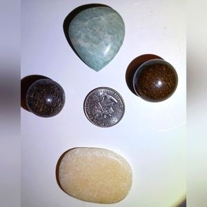 2 small Bronzite Spheres, Peach Moonstone Palm, & Amazonite Teardrop Cabachon Na